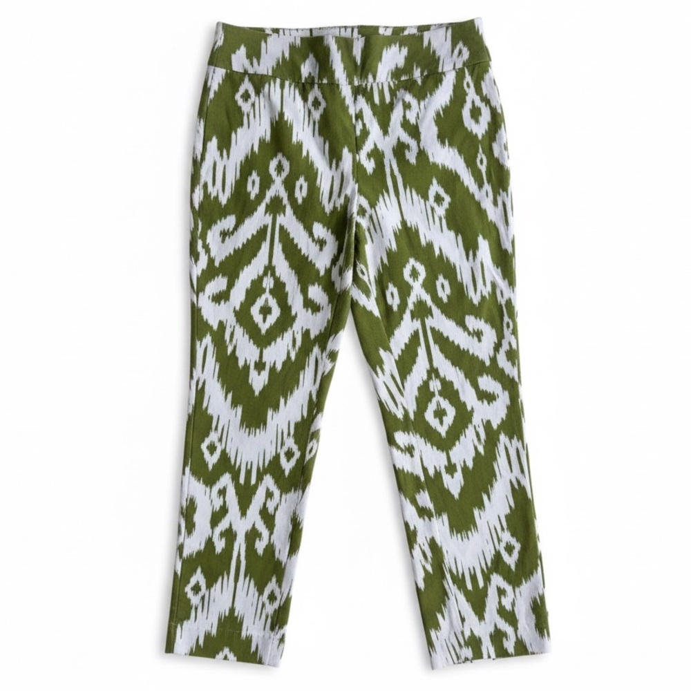 Chico’s So Slimming Cropped Pants Olive Green White Ikat Print Pull On Travel 00